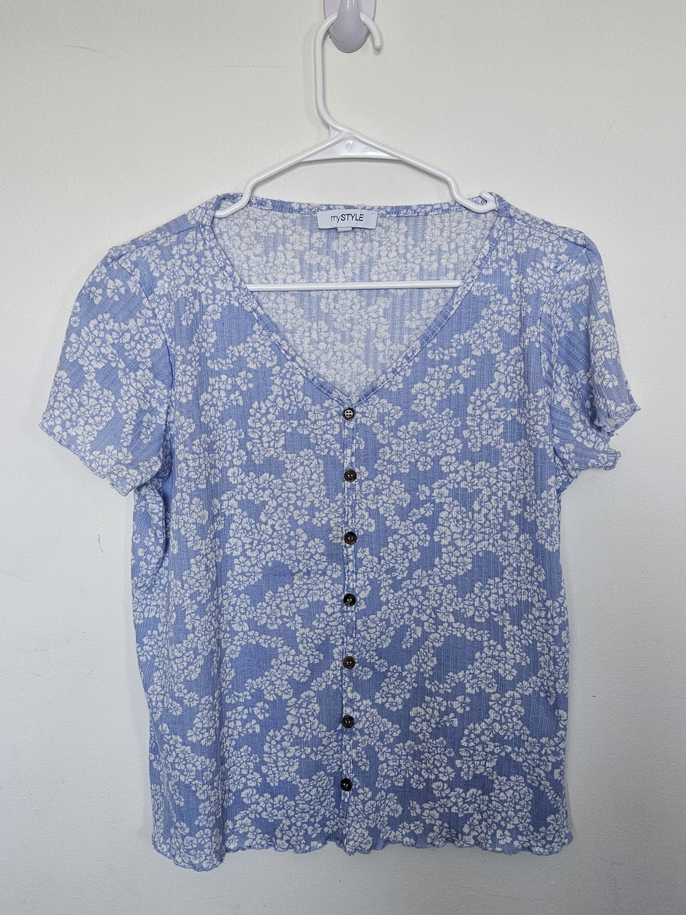 MyStyle Blue Floral Ribbed V-Neck Button Down Short Sleeve Shirt Top XL Casual🔥
